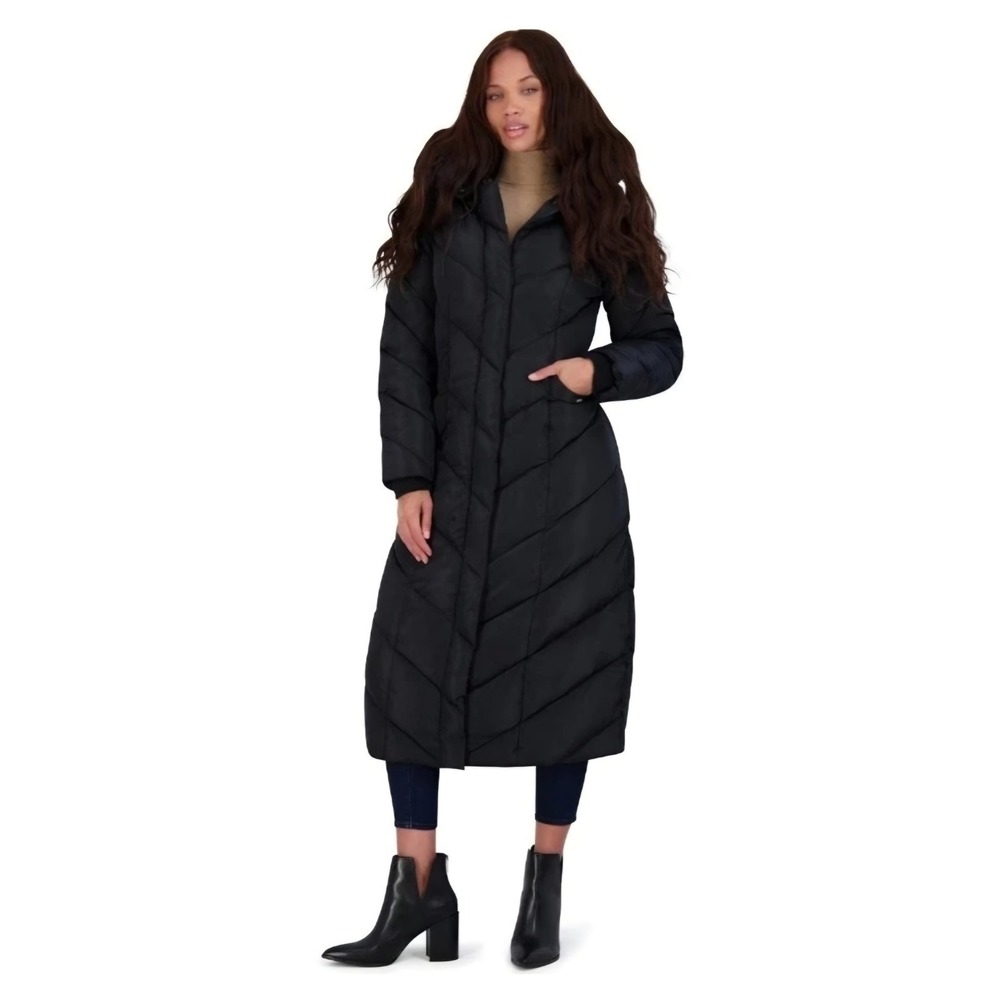Women's Steve Madden Long Hooded Pillow Collar Puffer Coat Detach Hood. Black L